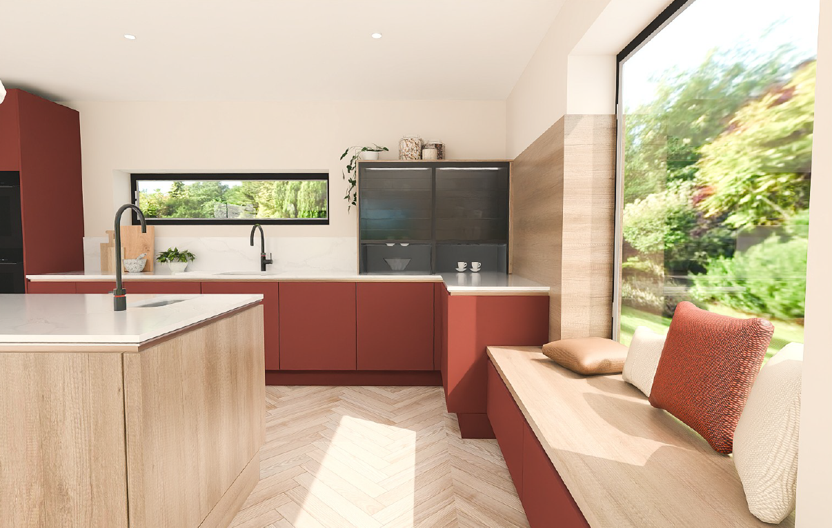 Nobilia Easytouch 963 Rust Red Ultra Matt AFP handleless kitchen with double glass-fronted appliance garage, Riva Oak Bergamo window seat and quartz worktops.