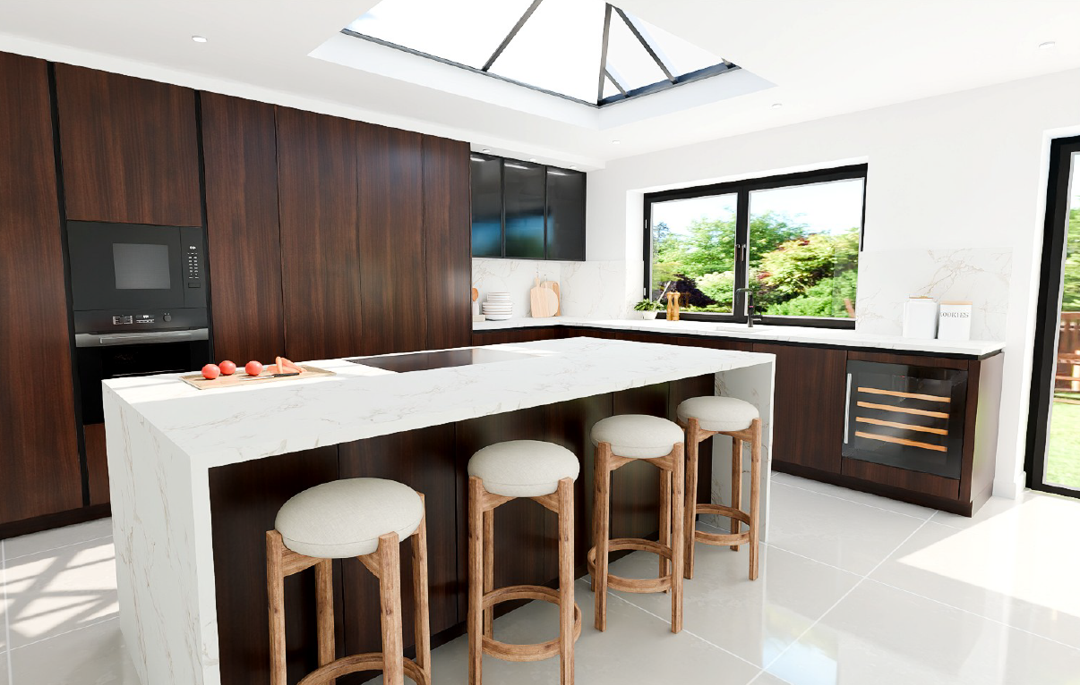 Nobilia Structura 407 Milano Walnut Reproduction handleless island kitchen with smoked glass wall units, Calacatta marble waterfall island, four oak bar stools and skylight above - genuine German kitchen delivered to the UK.