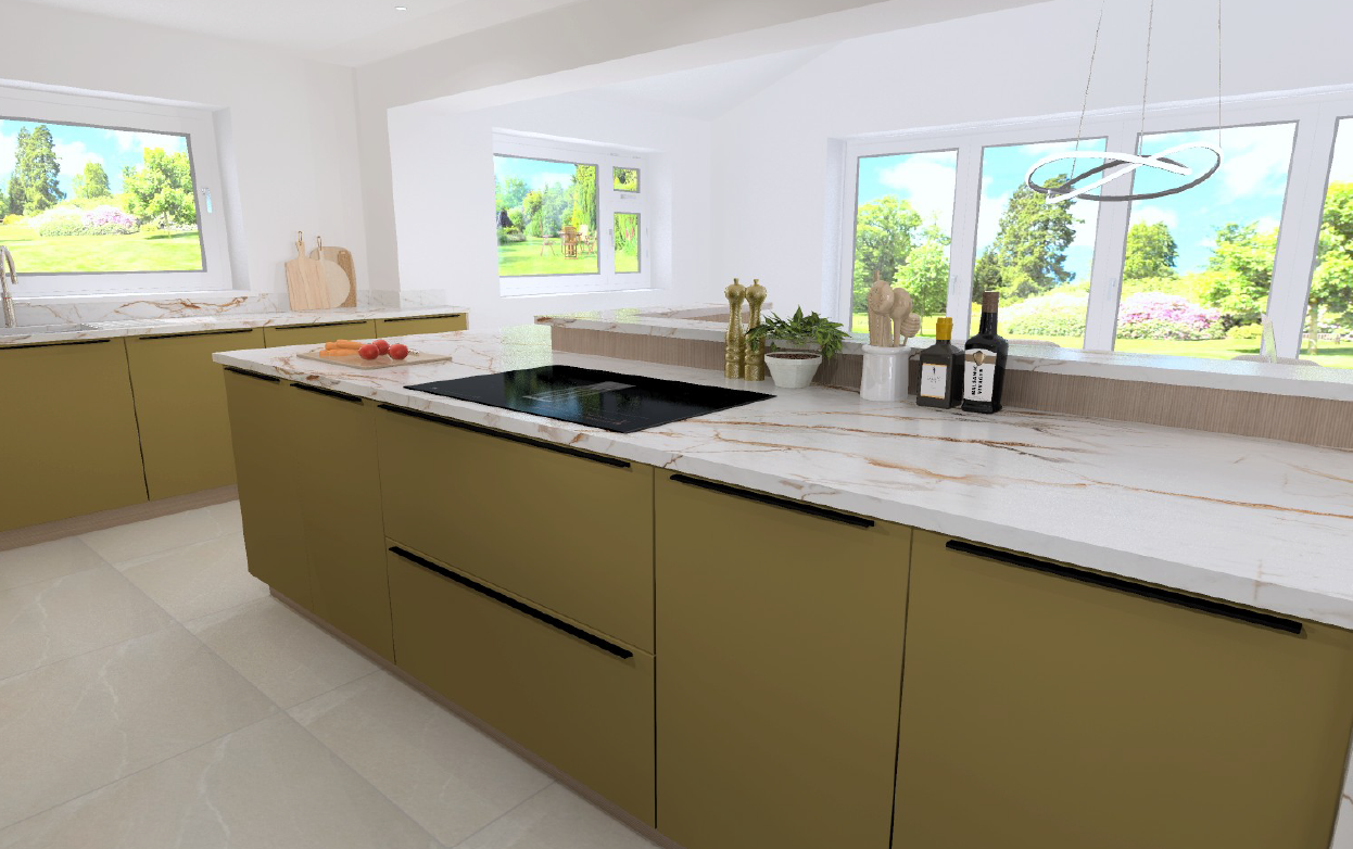 Schüller Siena Olive Yellow island with Calacatta marble worktop, induction hob, sculptural pendant lighting and bay window over garden - modern low-profile handleless design.