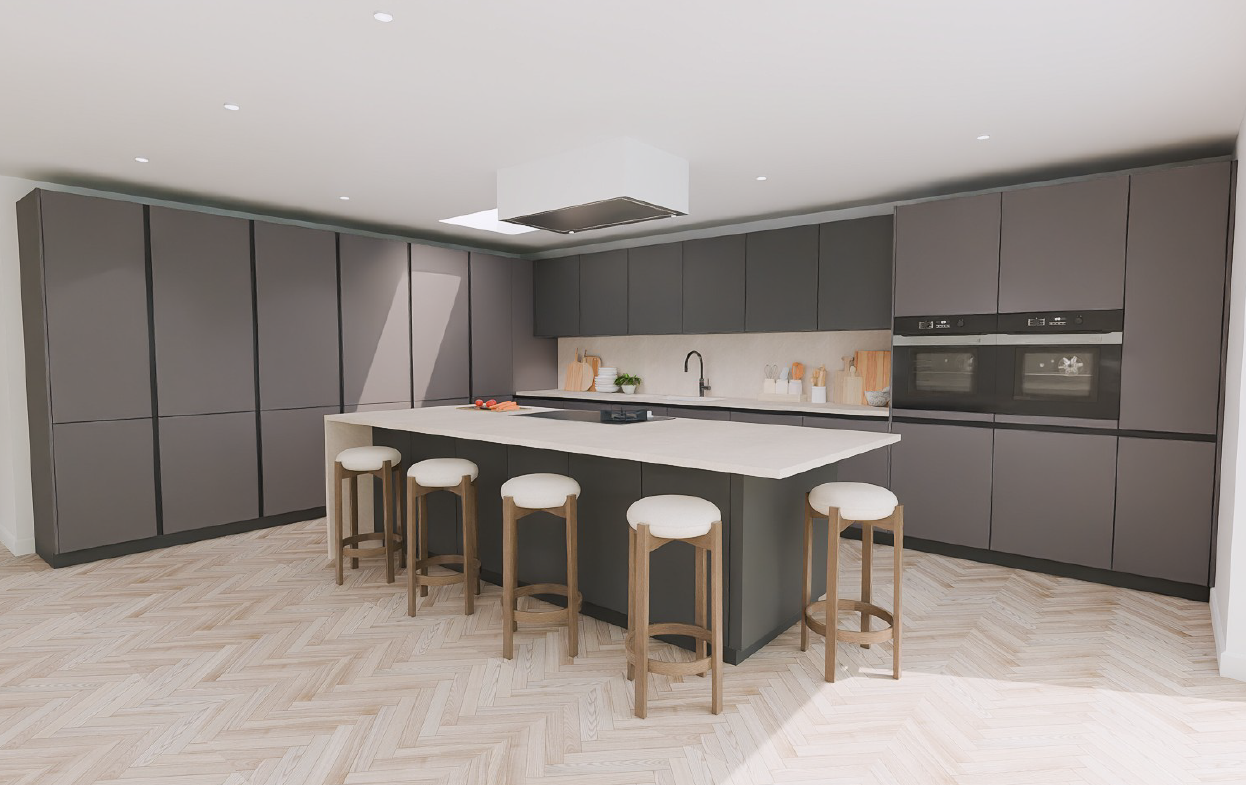 Schüller Siena Matt Havana Brown handleless island kitchen with SmartGlas Titanio wall units, five oak bar stools and downdraft hob - architectural handleless design.