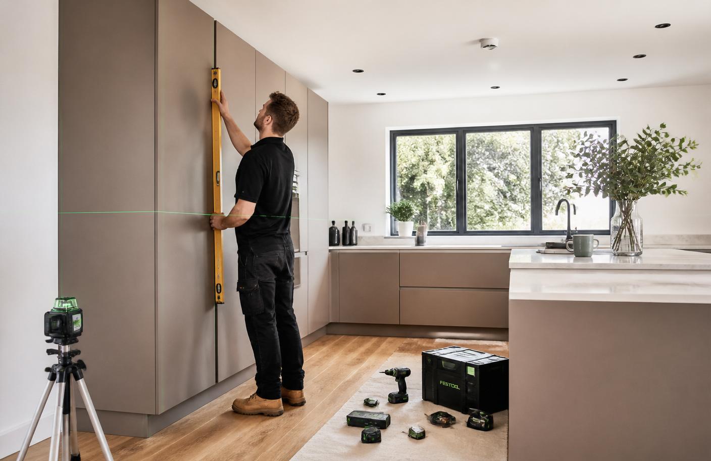 Kitchen installer levelling a tall Nobilia cabinet in a UK home