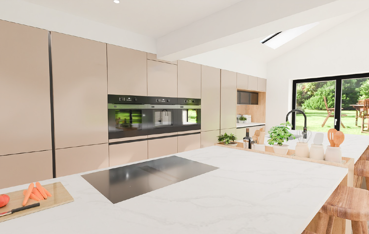 Nobilia Senso Premium Honed Macchiato AFP handleless island with downdraft induction hob, marble worktop and full-height Riva SanRemo Oak-lined appliance wall with triple ovens.