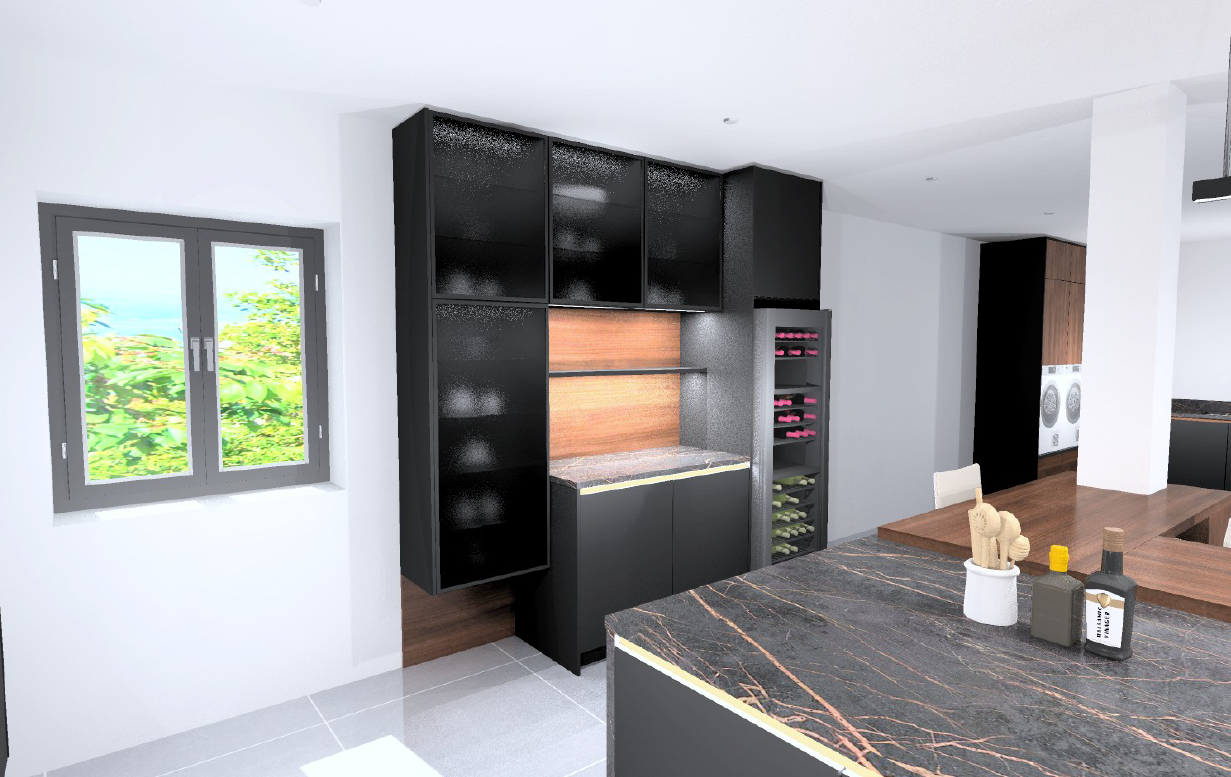Nobilia Senso Premium Honed Black AFP glass-fronted bar area with Structura Havana Oak shelving, integrated wine cooler and marble-effect quartz worktop - genuine German kitchen accent piece.
