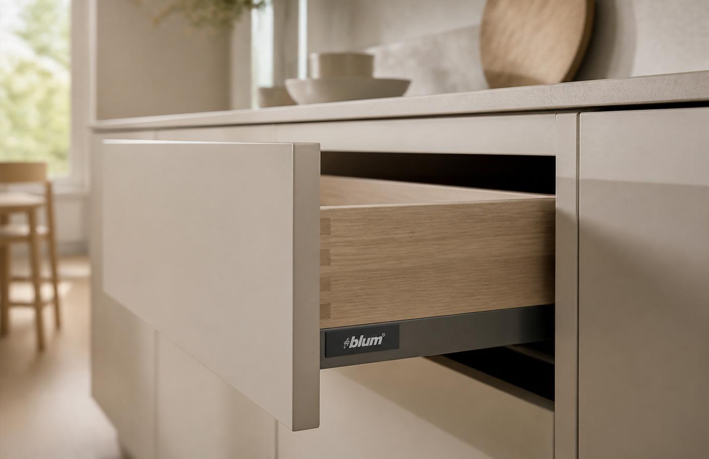 Close-up of a factory-built rigid German kitchen drawer with soft-close Blum runners