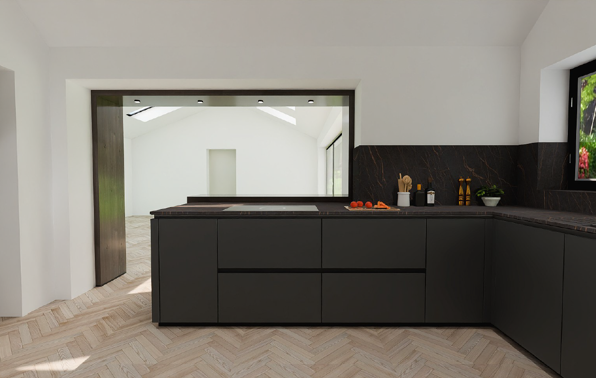 Schüller Matera Lava Black AFP handleless run with dark marble-effect worktop and matching upstand, opening through to living area on herringbone oak floor.