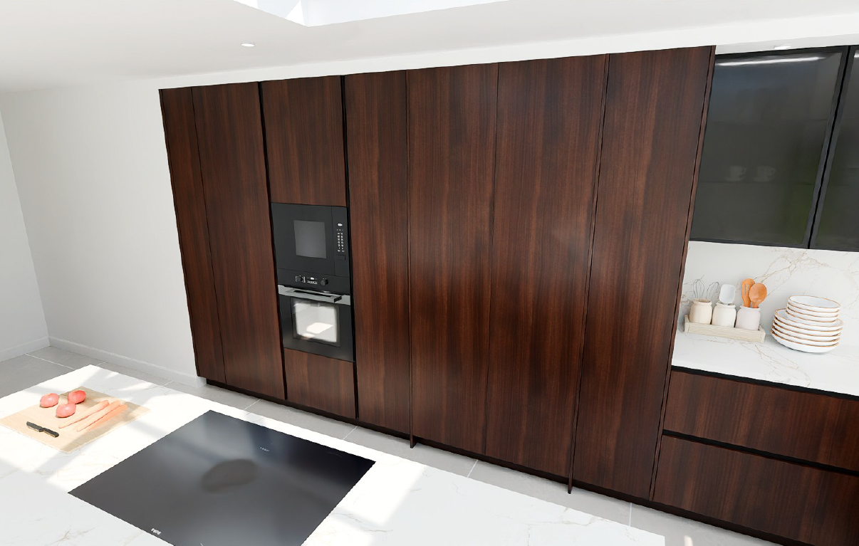 Full-height Nobilia Structura 407 Milano Walnut Reproduction tall unit run with integrated oven, hidden doorway through to utility room and BORA downdraft induction hob on the island - genuine German handleless kitchen.