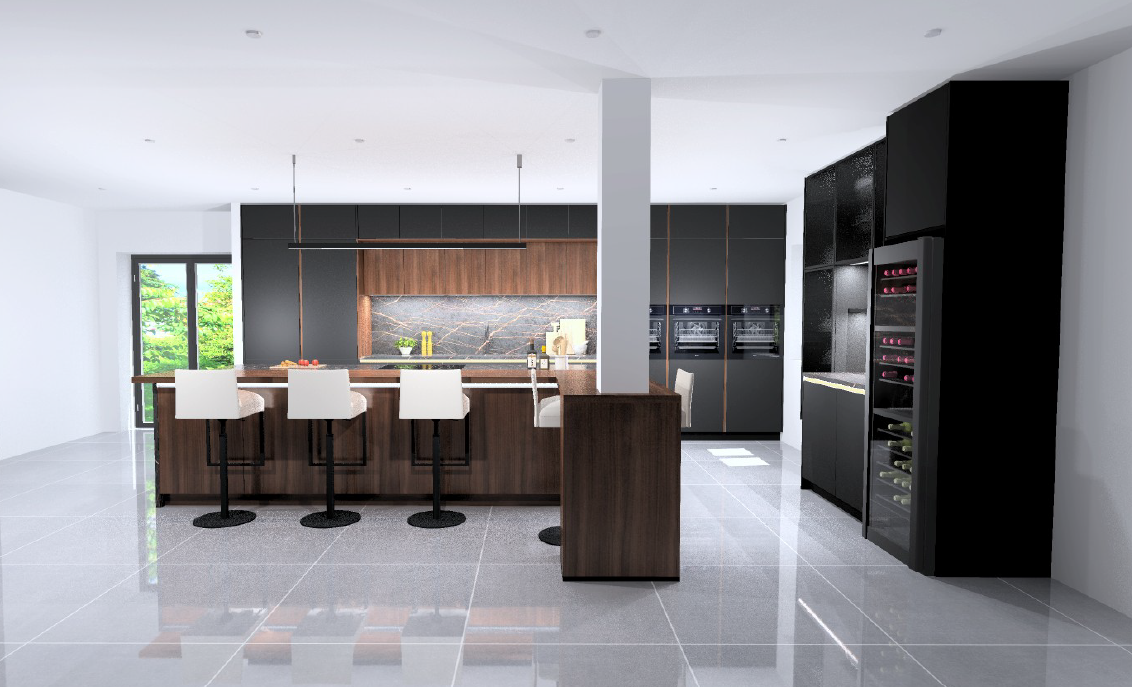 Nobilia Senso Premium Honed Black AFP handleless island kitchen with Structura Havana Oak breakfast bar, glass-fronted bar area, pendant lighting and integrated wine cooler.