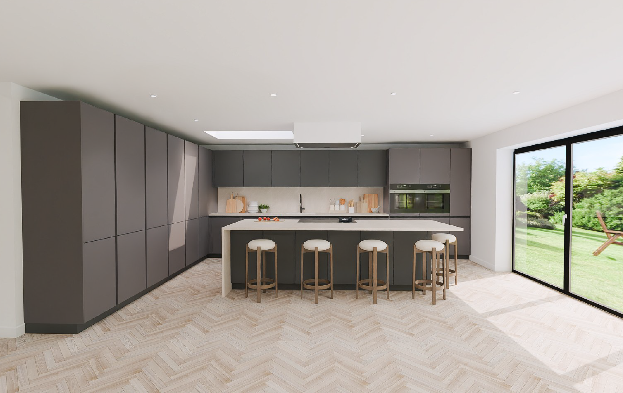Schüller Siena Havana Brown handleless island kitchen with SmartGlas Titanio Metallic wall units, garden view through sliding doors and herringbone oak floor.