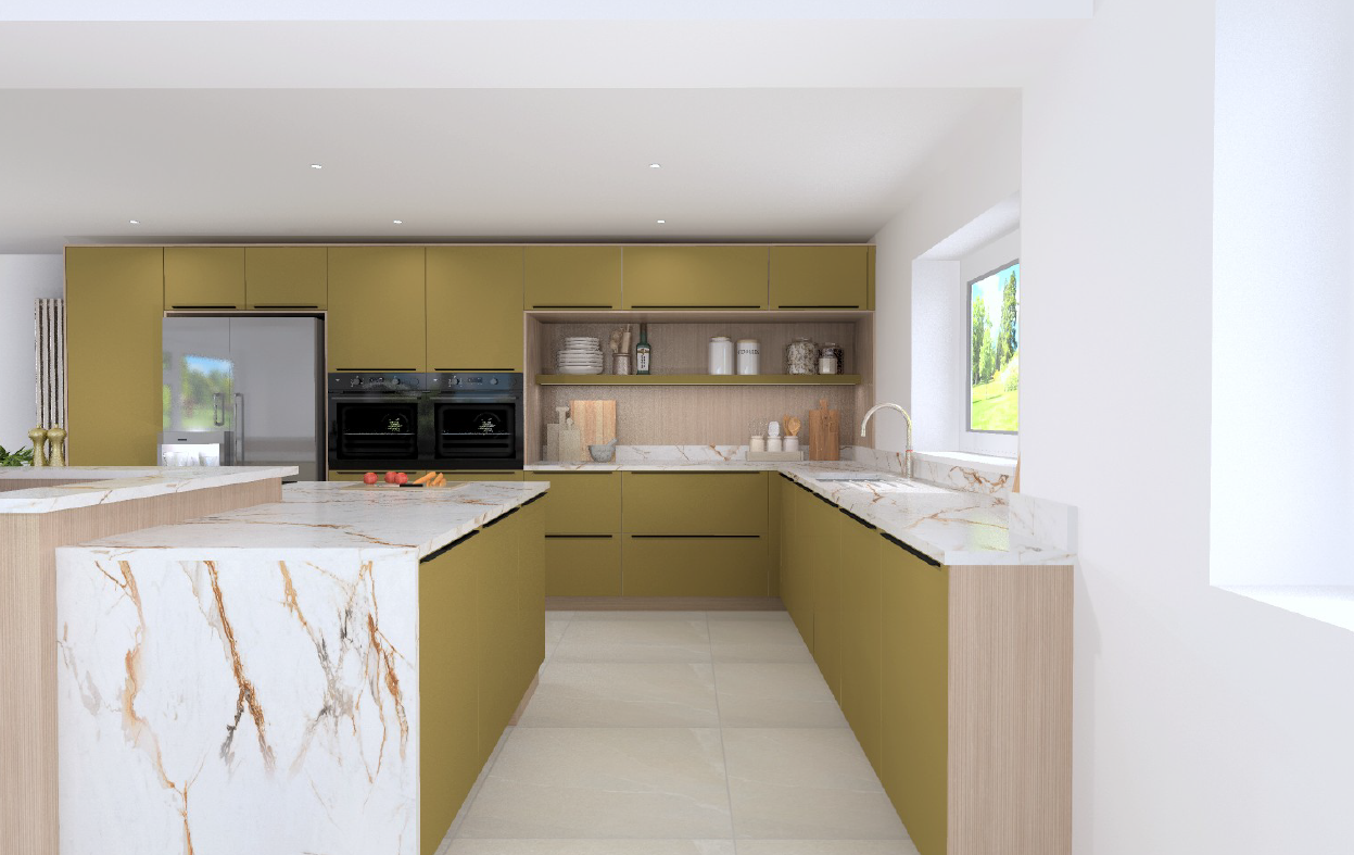 Schüller Siena Olive Yellow matt velvet island kitchen with Lineo Grooved Effect open shelving, Calacatta marble waterfall island and integrated AEG double ovens - genuine German kitchen delivered to the UK.