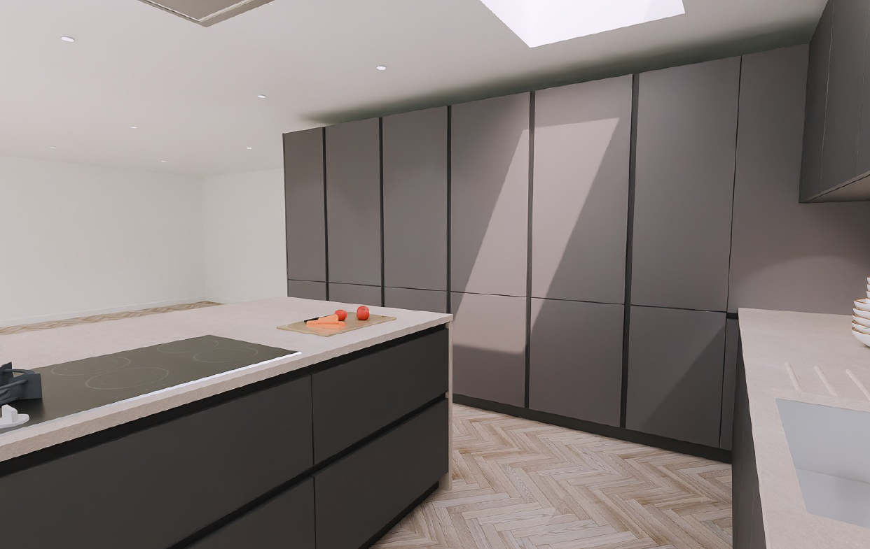 Close-up of the Schüller Siena Havana Brown handleless island with SmartGlas Titanio Metallic full-height pantry run - genuine German handleless kitchen.