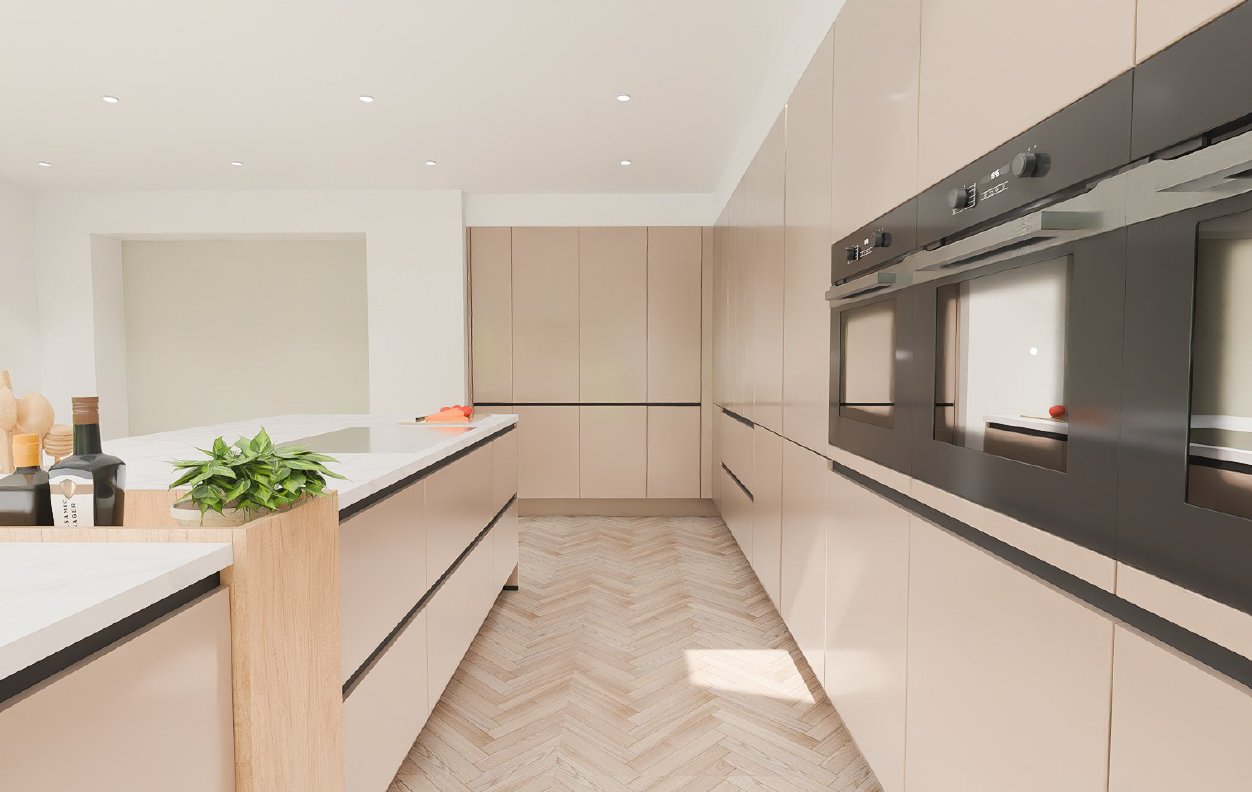Nobilia Senso Premium Honed Macchiato AFP handleless kitchen - twin islands split by SanRemo Oak planter, full-height oven wall with triple integrated ovens and black grip-rail detailing.