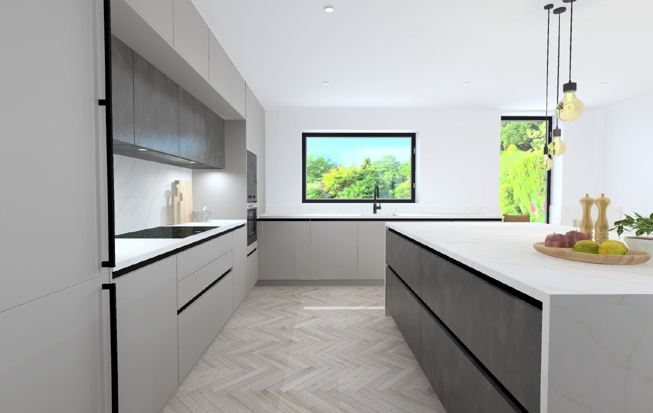 Schüller Matera Colour Cashmere Brown handleless kitchen run with Targa Dark Steel wall units, black grip-rail detailing, induction hob and window over sink.