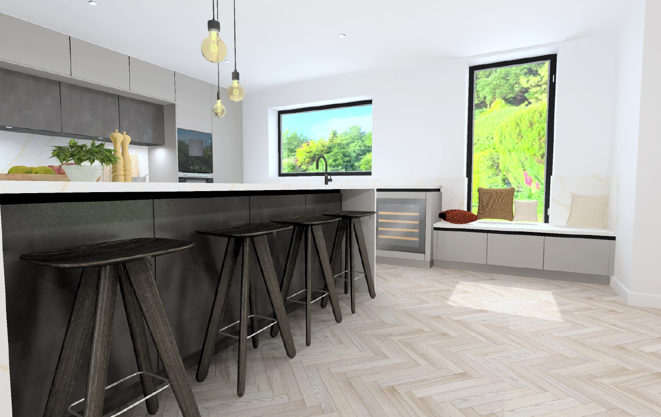 Schüller Matera Colour handleless island kitchen with Cashmere Brown AFP fronts, integrated wine cooler and upholstered bay window seating bench with quartz sill.