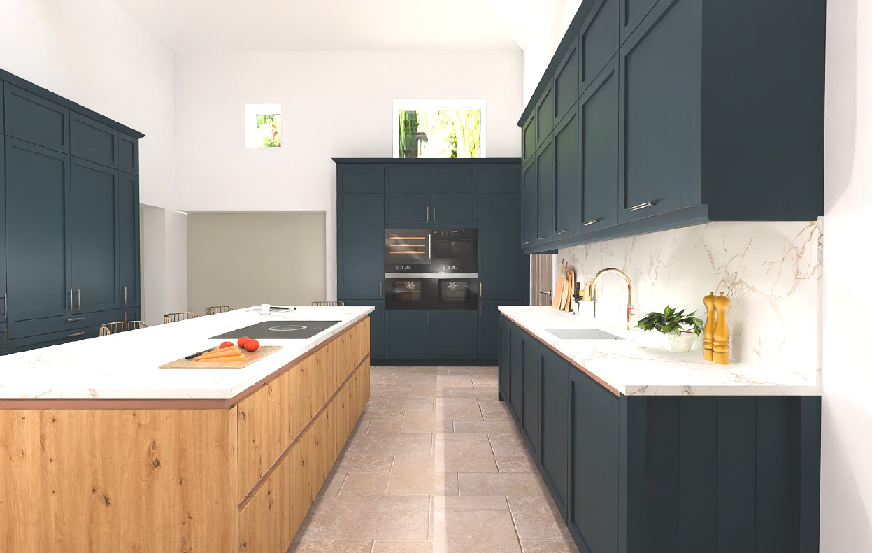 Schüller Newport Deep Blue Satin galley kitchen with Bari Natural Wild Oak handleless island, marble backsplash and integrated Schüller appliances.