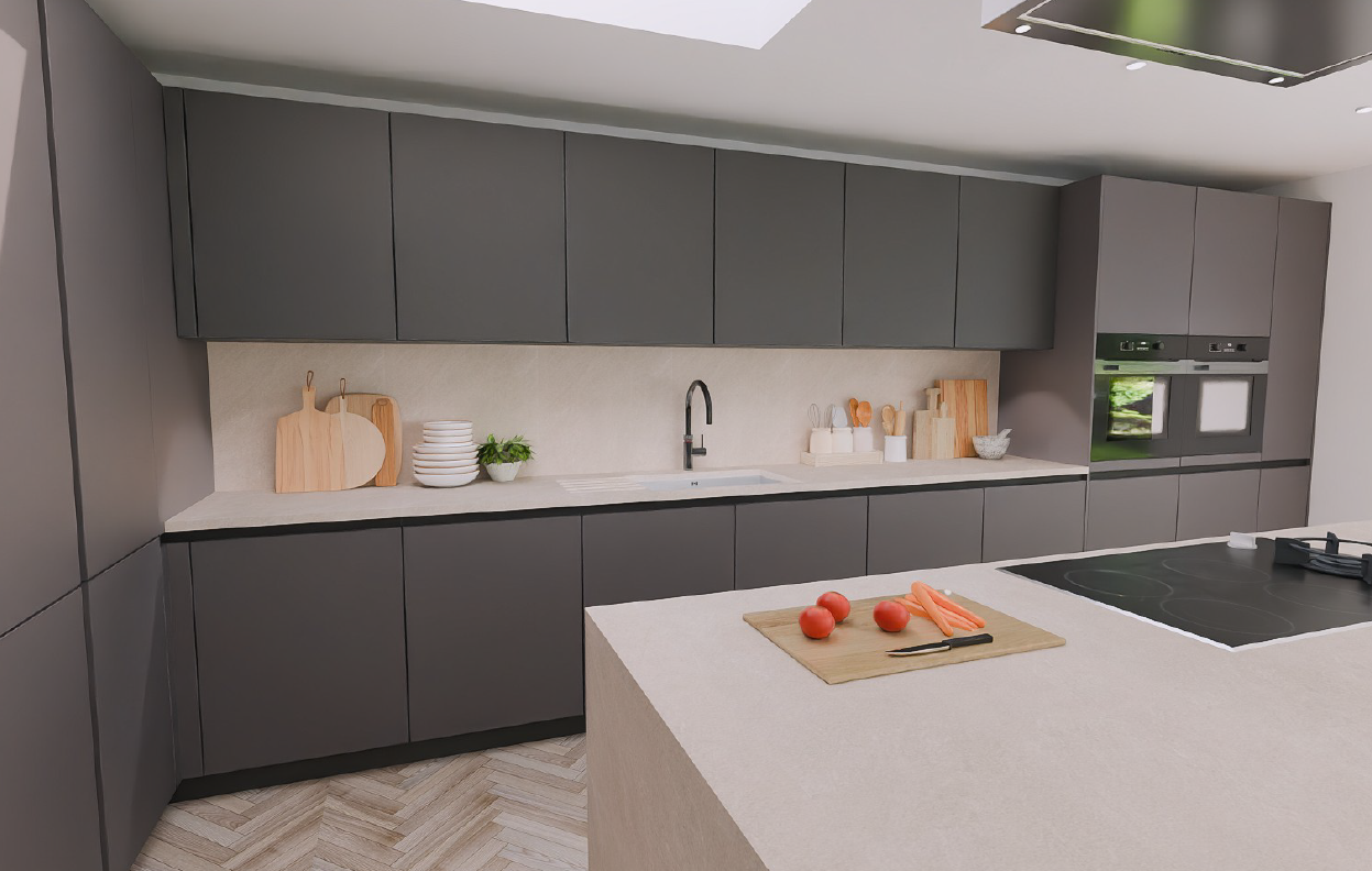 Schüller Siena Matt Havana Brown handleless kitchen run - sink wall with matt quartz worktop, black tap and integrated appliances behind SmartGlas Titanio fronts.
