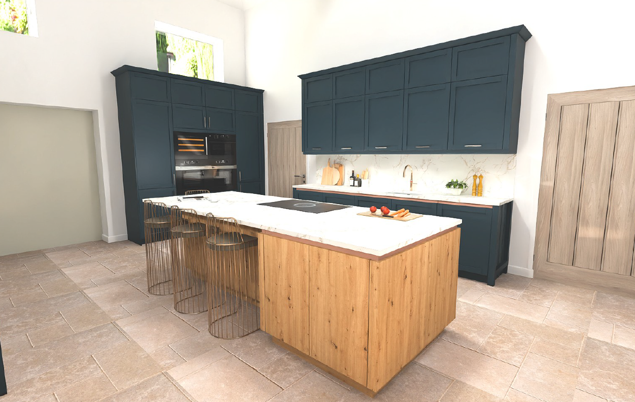 Schüller Newport Deep Blue Satin shaker kitchen - island with wire bar stools, quartz worktop, oak internal doors, buy Schüller kitchens online in the UK.