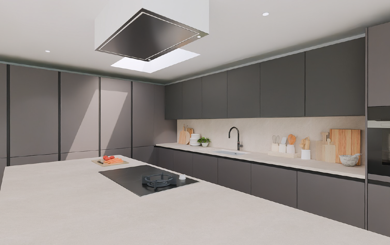 Schüller Siena Havana Brown handleless island with SmartGlas Titanio wall units, ceiling extractor over induction hob and quartz worktops - buy genuine German kitchens online in the UK.