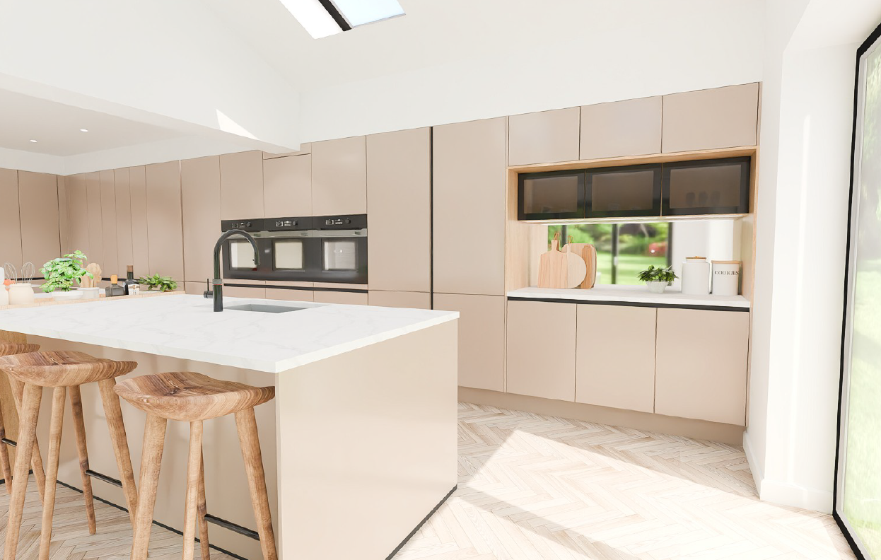 Nobilia Senso Premium Honed Macchiato handleless island kitchen with Calacatta marble waterfall island, oak bar stools, glass-fronted wall units with integrated lighting and pitched ceiling.