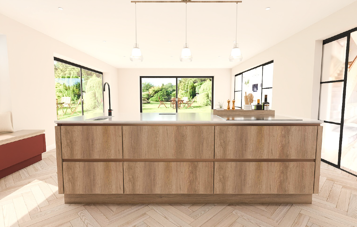 Riva 843 Oak Bergamo handleless island in a Nobilia Easytouch Rust Red kitchen - island with integrated planter, quartz worktop, downdraft hob and pendant lighting over garden view.
