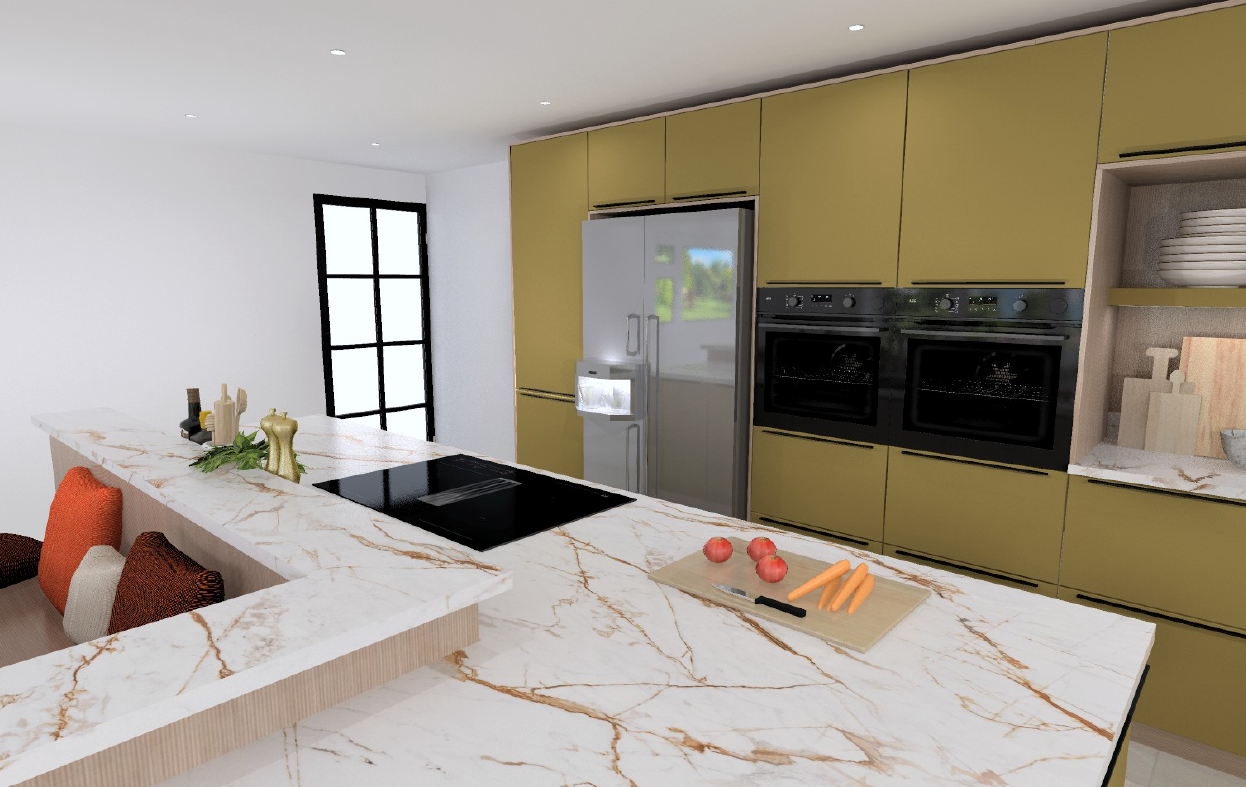 Schüller Siena Olive Yellow matt velvet L-shaped island kitchen with Calacatta marble breakfast bar, orange upholstered banquette bench and integrated induction hob.