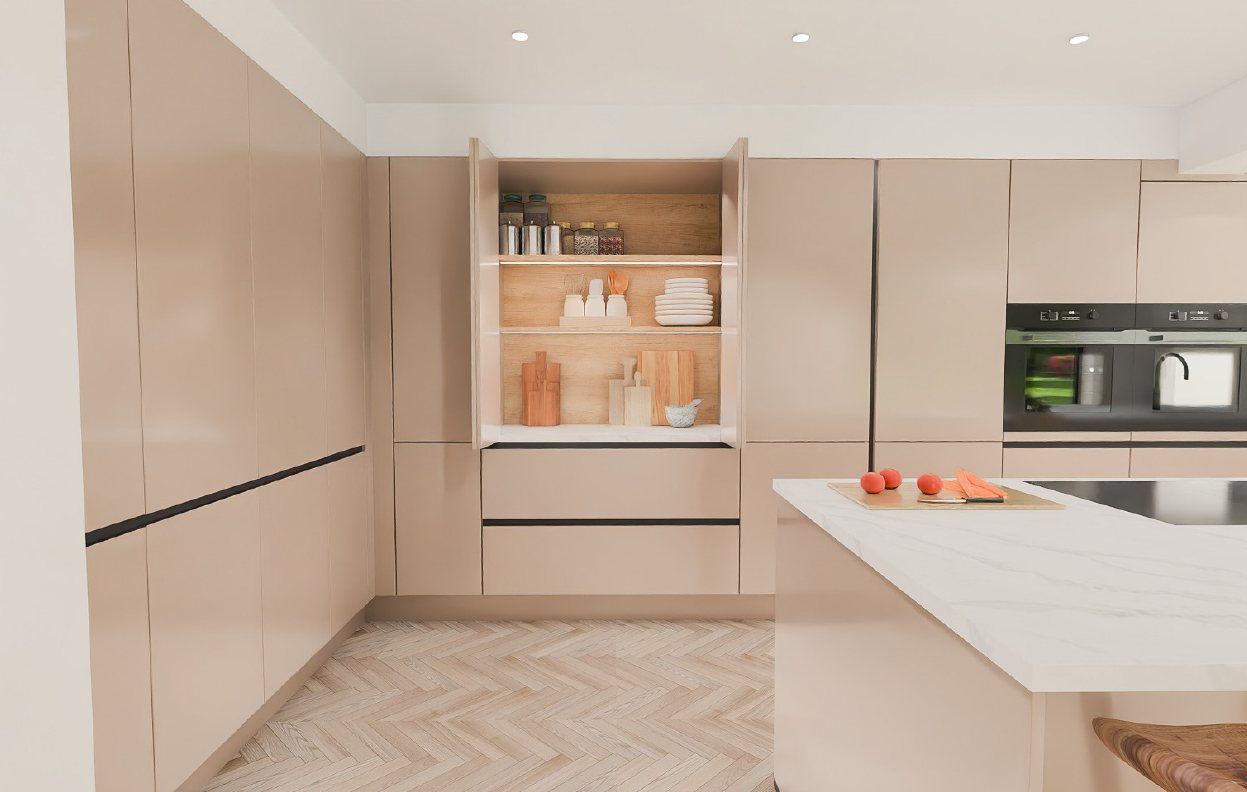 Concertina-style butler pantry in Nobilia Senso Premium Honed Macchiato AFP with Riva SanRemo Oak interior, integrated lighting and marble shelf - genuine German handleless kitchen accent piece.