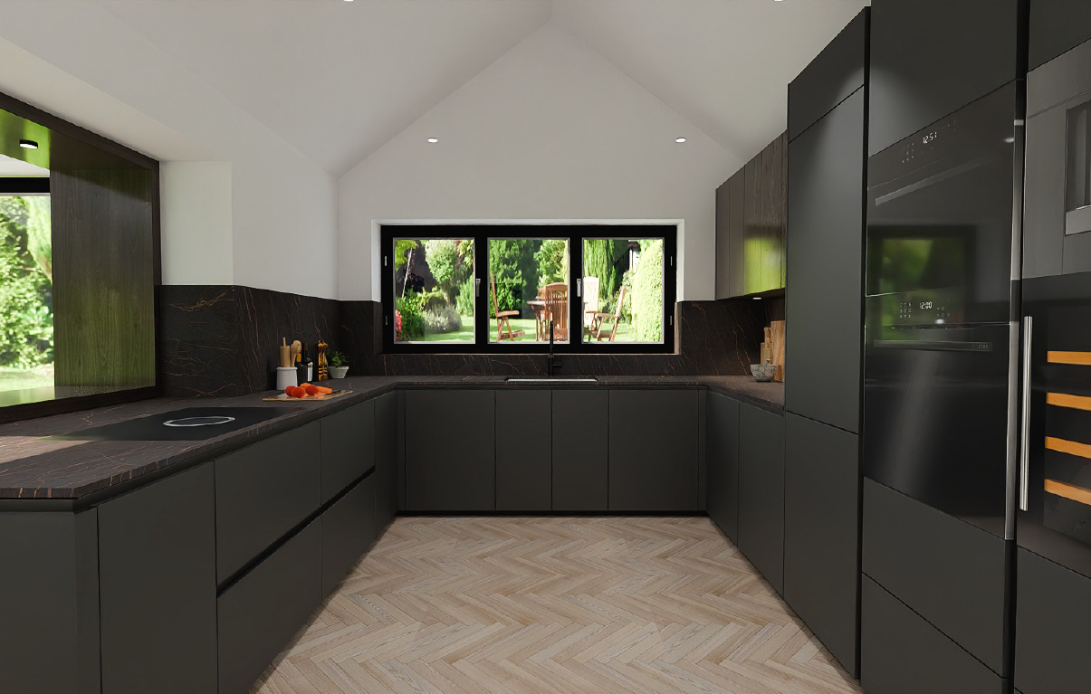Schüller Matera L192T Lava Black anti-fingerprint handleless U-shaped kitchen with garden view through triple casement window, dark marble-effect worktops and full-height wall cabinets.