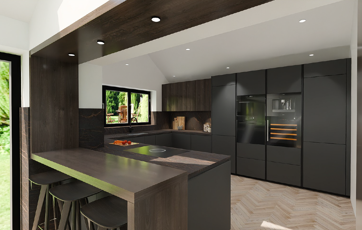 Schüller Matera Lava Black AFP handleless peninsula kitchen with Avola Nebraska Oak media wall, BORA downdraft induction hob, dark marble-effect worktops and integrated appliances - genuine German kitchen delivered to the UK.
