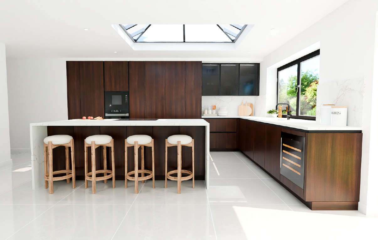Nobilia Structura 407 Milano Walnut Reproduction handleless L-shaped kitchen with smoked glass wall units, integrated wine cooler, four bar stools and marble waterfall island.