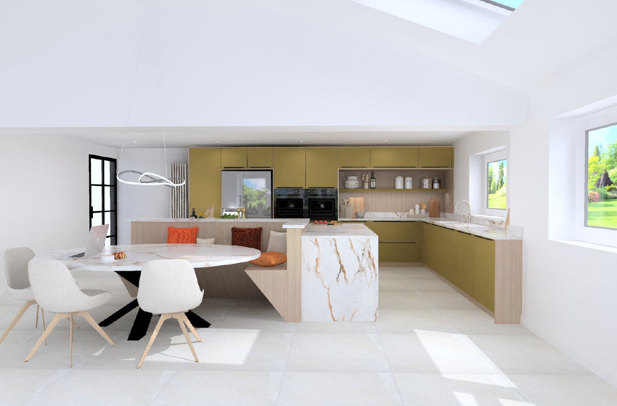 Schüller Siena Olive Yellow matt velvet island with integrated oval dining table, upholstered banquette bench, cream tub chairs and skylight above - open-plan kitchen dining design.