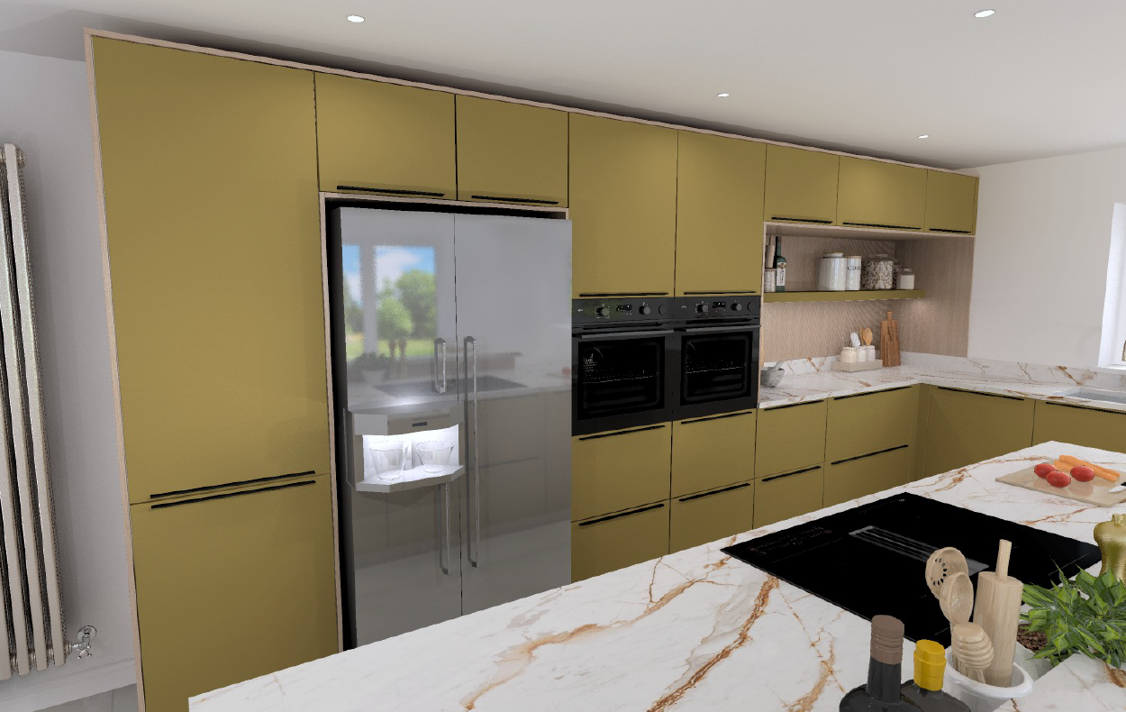 Full-height Schüller Siena Olive Yellow matt velvet pantry and appliance run with integrated American fridge, AEG double ovens and Lineo Grooved Effect open shelving.