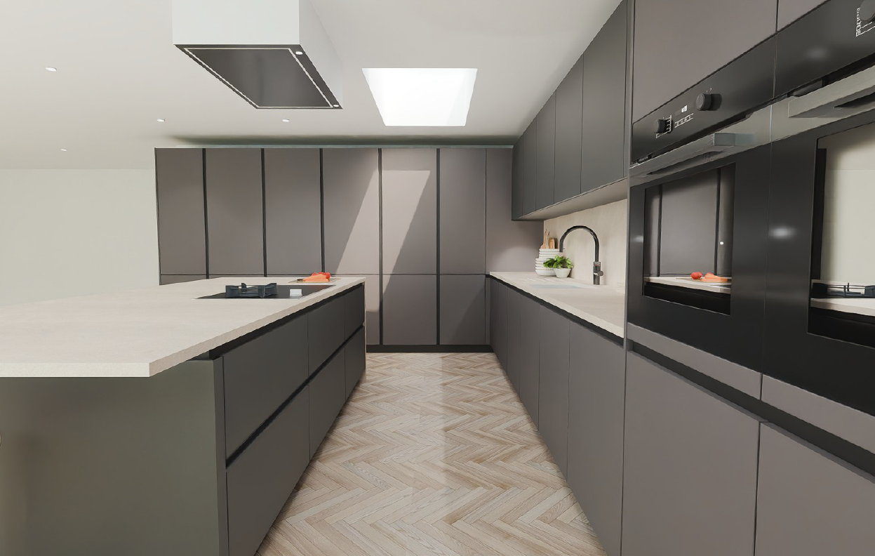 Schüller Siena Havana Brown AFP matt handleless galley kitchen with SmartGlas Titanio Metallic island, quartz worktops, integrated ovens and Bora downdraft extraction - genuine German kitchen delivered to the UK.
