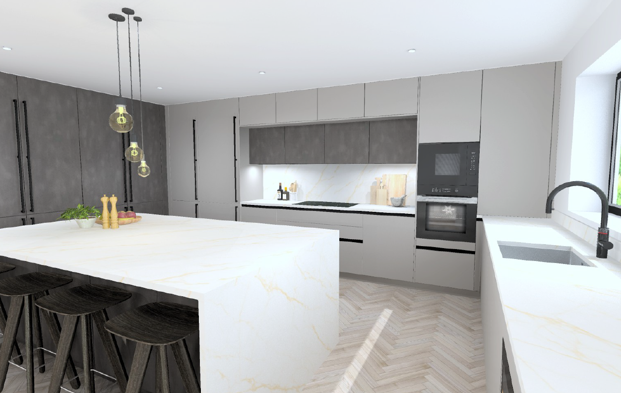 Schüller Matera Colour Cashmere Brown AFP handleless kitchen - waterfall marble island with dark oak stools, pendant lighting and Targa Dark Steel wall units above integrated appliances.