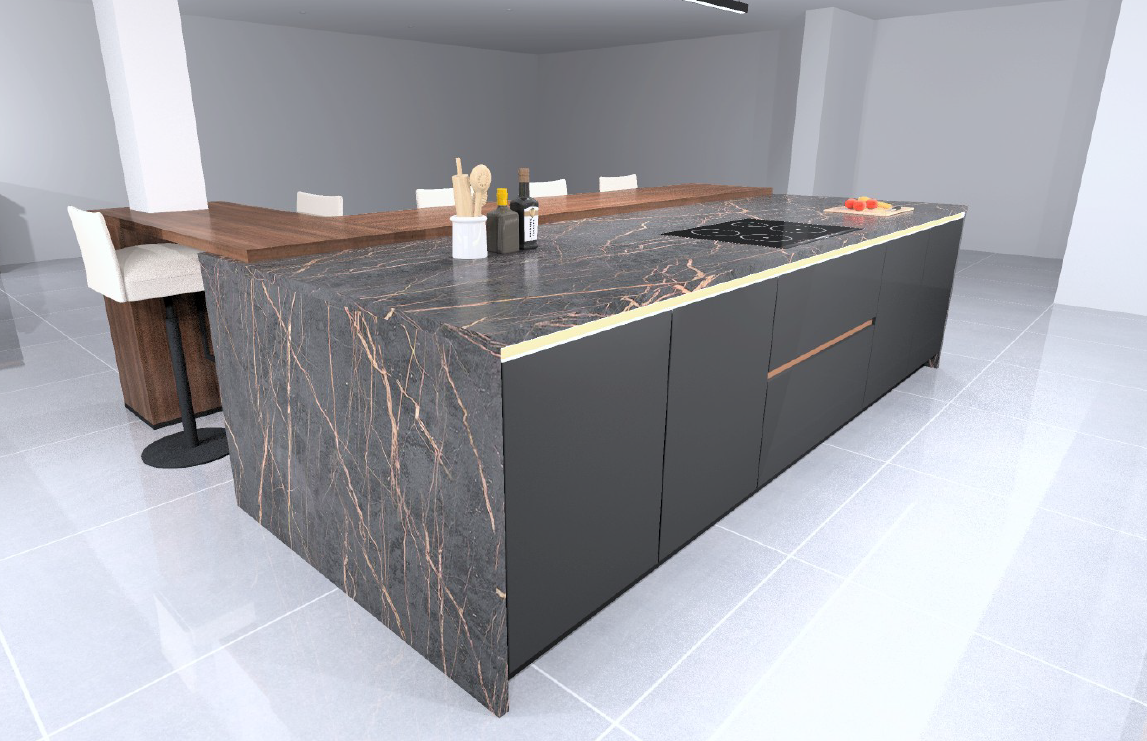 Close-up of the Nobilia Senso Premium Honed Black AFP handleless island with Structura Havana Oak breakfast bar and marble waterfall side - architectural handleless design.