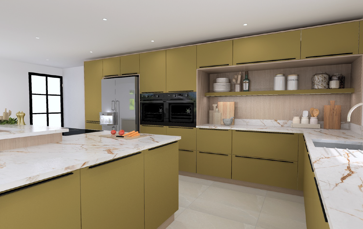 Schüller Siena Olive Yellow AFP matt velvet kitchen with low-profile black handles, Lineo Grooved timber shelf, Calacatta marble worktop and American-style fridge freezer.