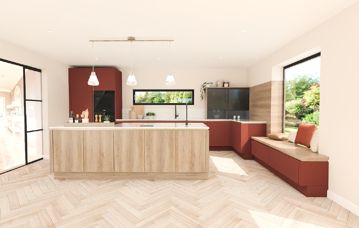 Nobilia Easytouch 963 Rust Red Ultra Matt handleless kitchen - wide view of Riva Oak Bergamo island with integrated planter, double glass appliance garage, built-in window bench and herringbone floor.