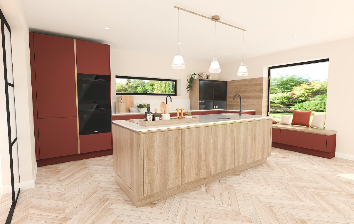 Nobilia Easytouch 963 Rust Red Ultra Matt AFP handleless island kitchen with Riva Oak Bergamo island, integrated Miele ovens, pendant lighting and herringbone oak floor - genuine German kitchen delivered to the UK.