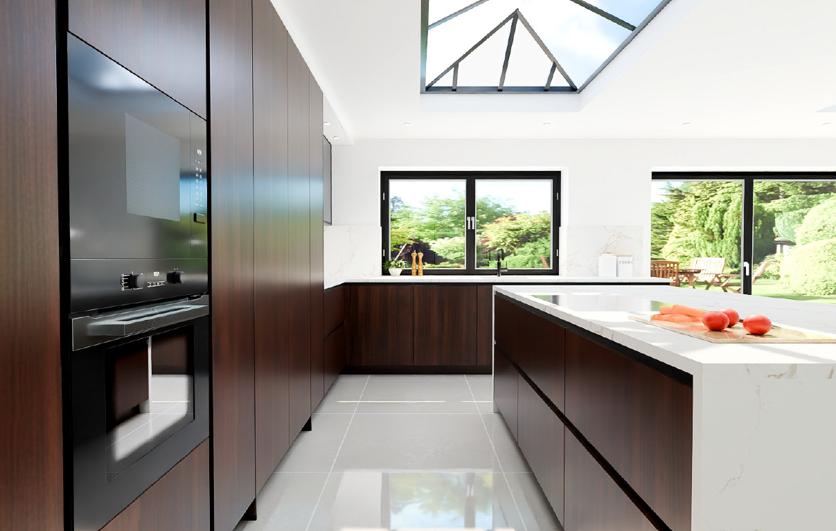 Nobilia Structura Milano Walnut handleless kitchen - full-height tall unit run with integrated oven and warming drawer, marble-effect worktops and garden view through casement windows.