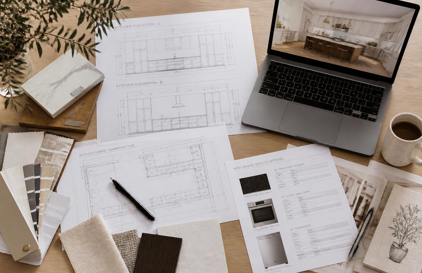 Kitchen designer's desk with CAD elevations, cabinet numbering plan and appliance specifications