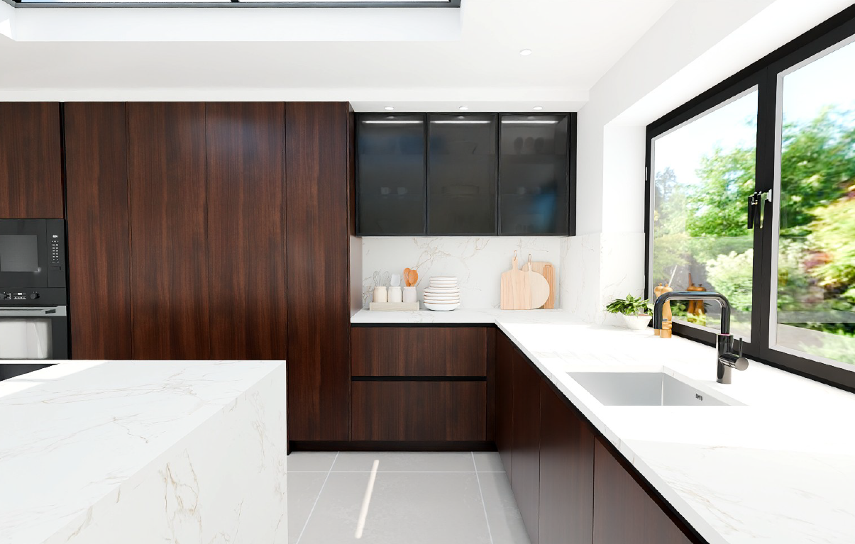 Close-up of Nobilia Structura Milano Walnut handleless run with smoked glass wall units with integrated lighting, marble worktop, undermount sink and window over garden.