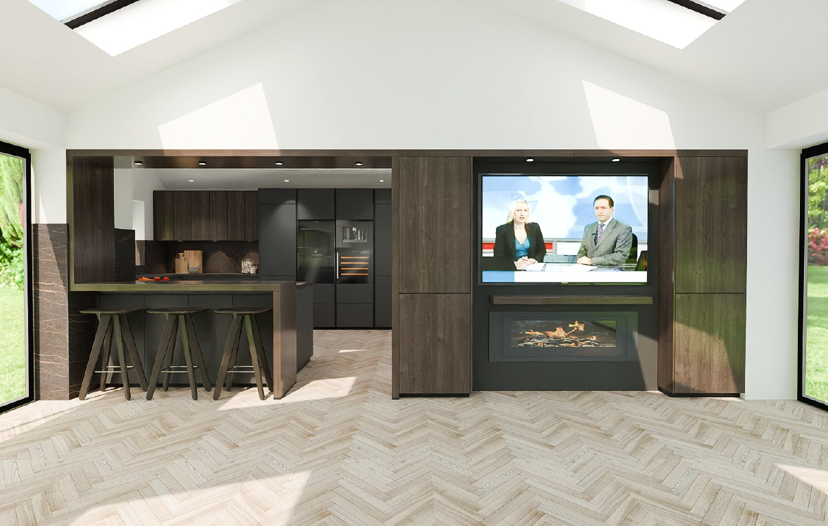 Full media wall in Avola L777U Nebraska Oak with integrated TV and fire beside a Schüller Matera Lava Black AFP handleless peninsula kitchen - genuine German kitchen delivered to a UK client.