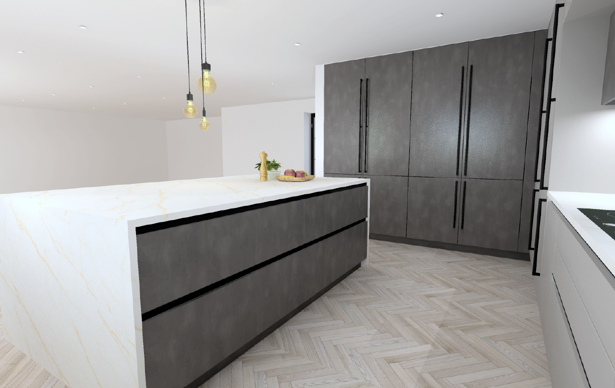 Close-up of Schüller Matera Colour Cashmere Brown AFP handleless island paired with a full-height Targa Dark Steel pantry run - hidden utility doorway detail in a genuine German kitchen.