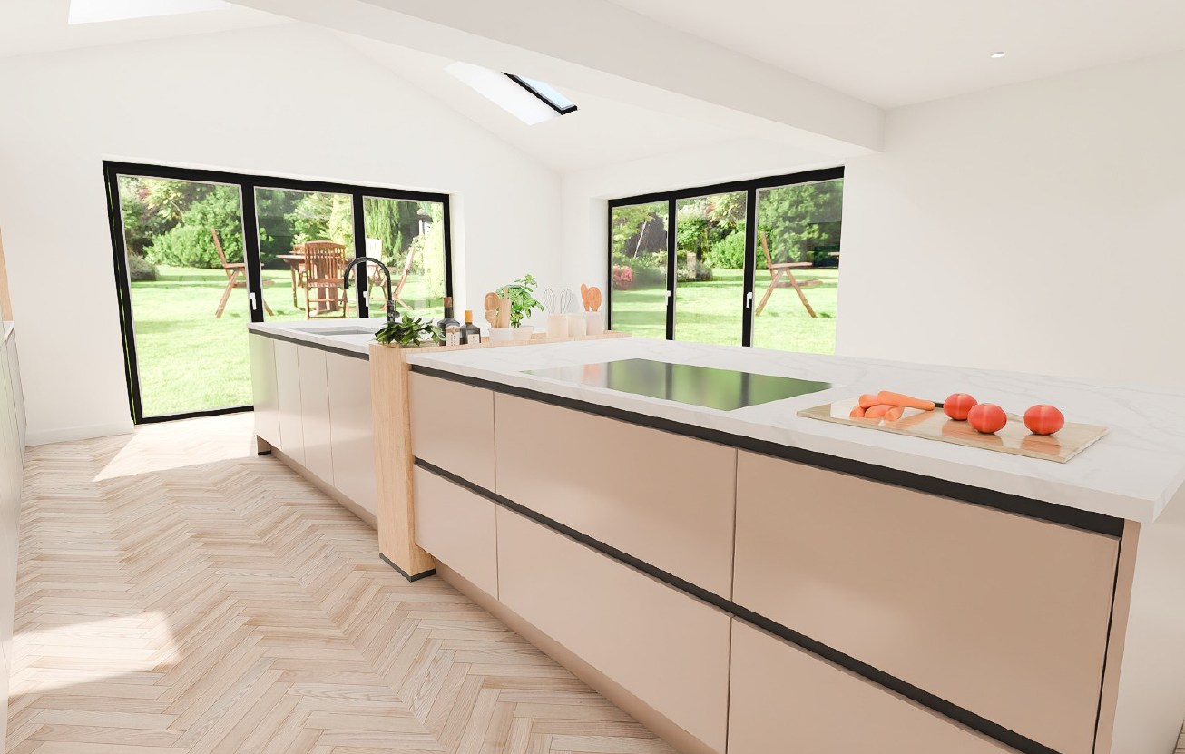 Nobilia Senso Premium Honed Macchiato handleless twin island kitchen with downdraft induction hob, Riva SanRemo Oak central planter unit, Calacatta marble worktops and black grip rails.