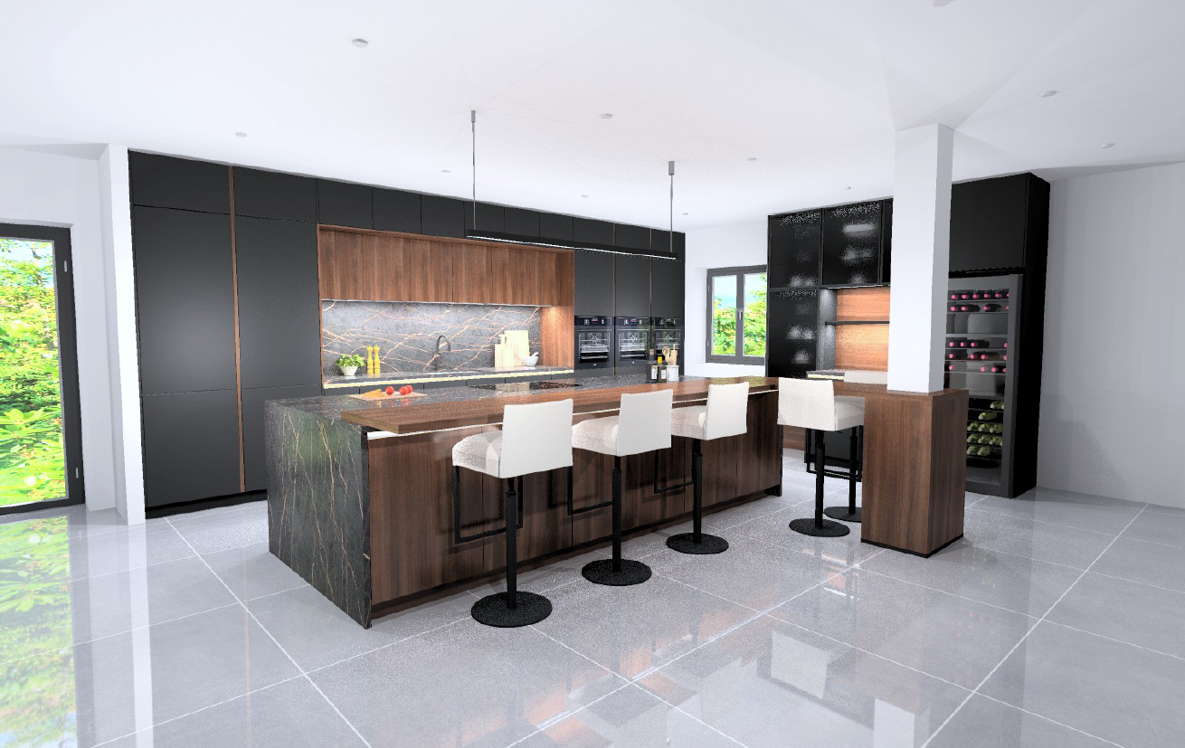 Nobilia Senso Premium Honed Black AFP handleless island kitchen with Structura Havana Oak breakfast bar, four white leather bar stools, integrated wine cooler and marble waterfall island.