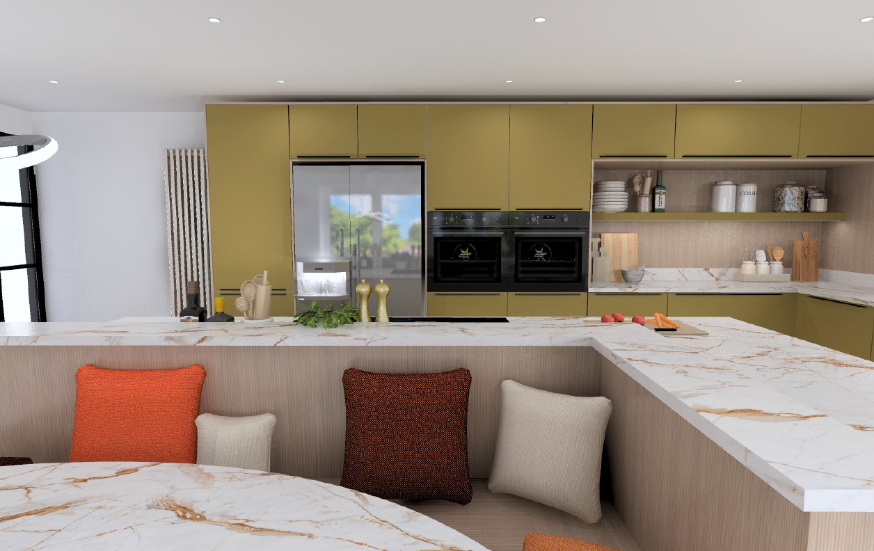 Close-up of Schüller Siena Olive Yellow AFP matt velvet L-shaped island with Calacatta marble worktop, banquette seating and Lineo Grooved timber tall units - buy genuine German kitchens online in the UK.