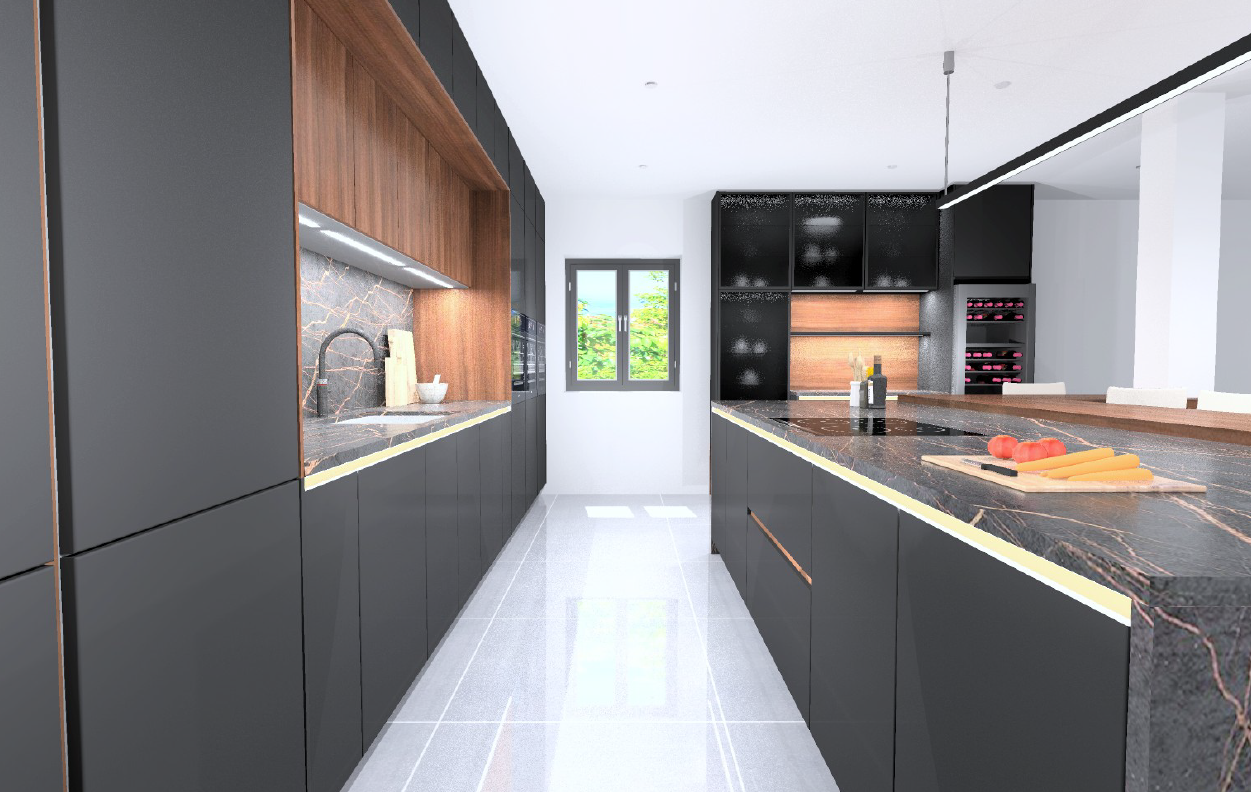 Nobilia Senso Premium Honed Black AFP handleless galley kitchen with Structura Havana Oak canopy, marble-effect backsplash, black tap and grip-rail LED lighting under wall units.