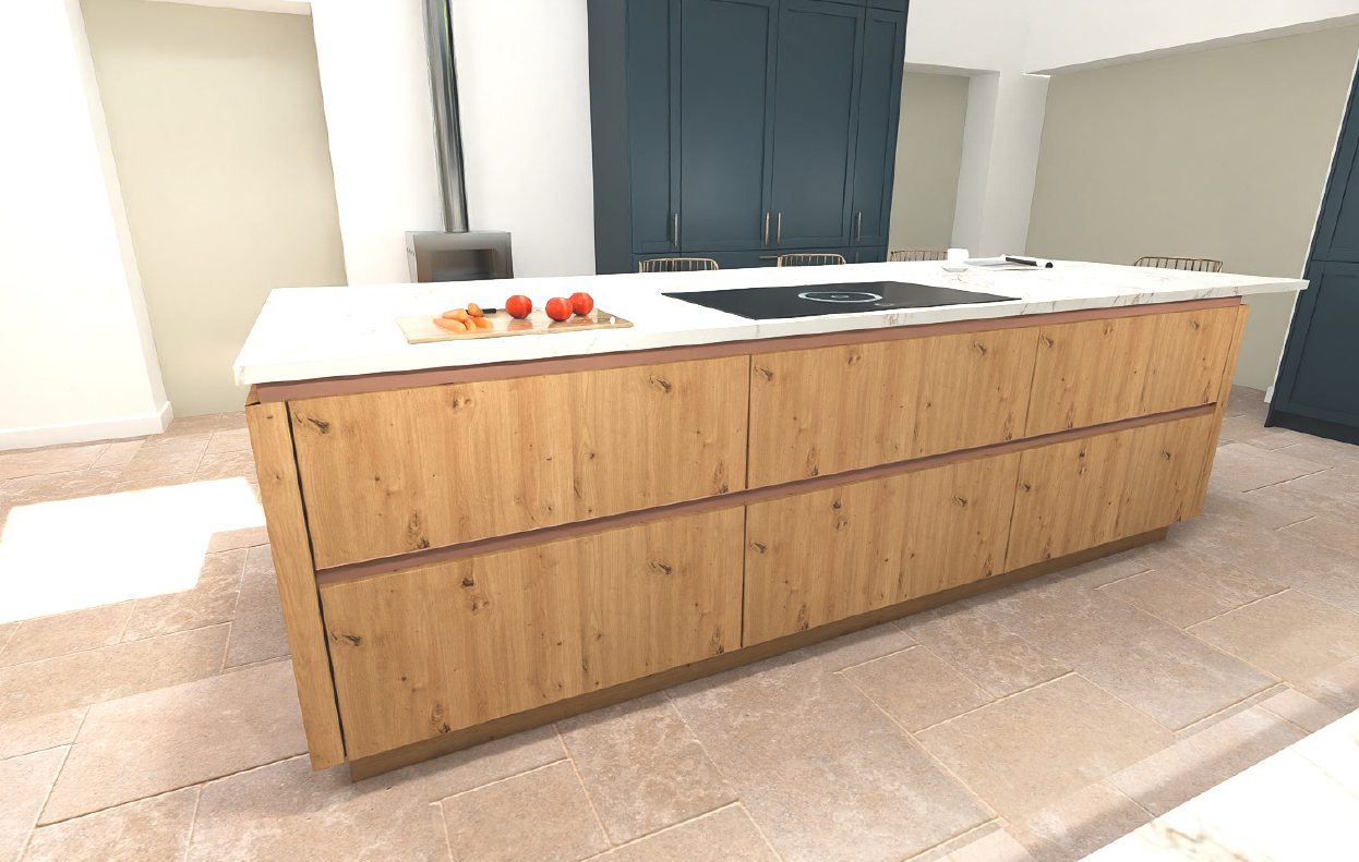Close-up of the Bari Natural Wild Oak handleless island paired with a Schüller Newport Deep Blue Satin kitchen - copper reveal handleless detail on drawer fronts.
