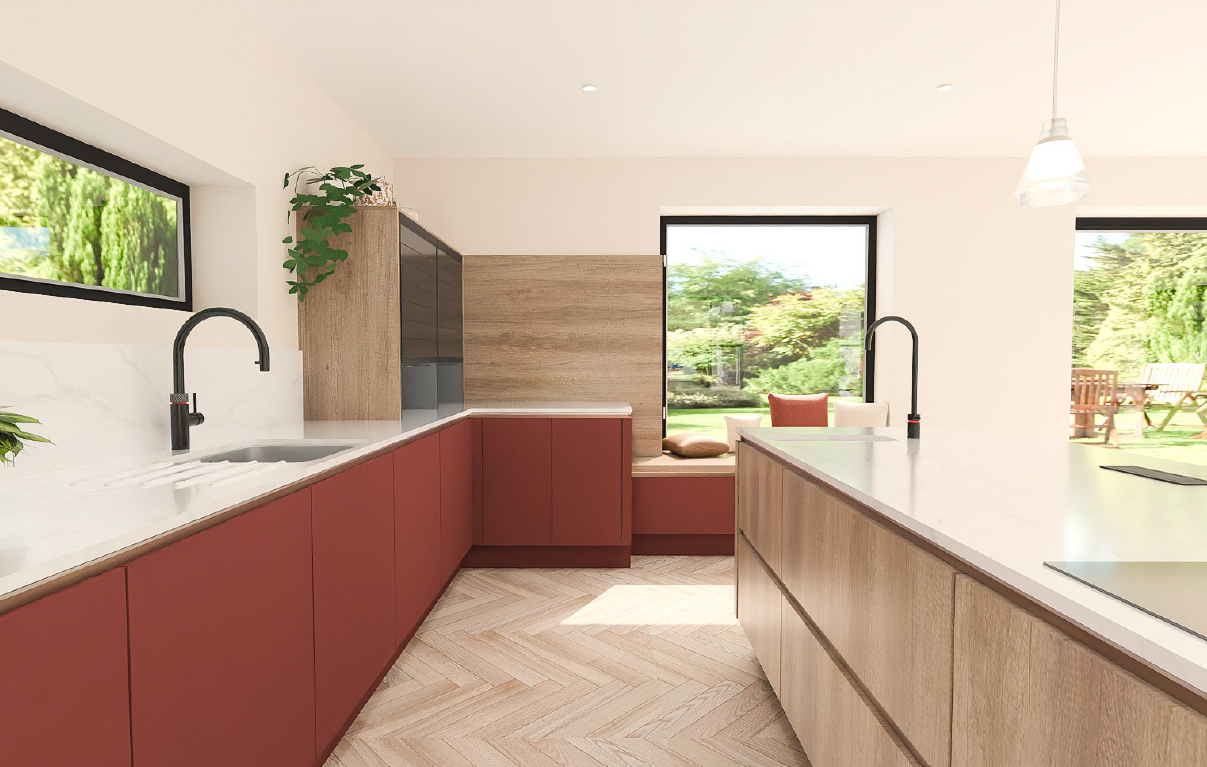 Nobilia Easytouch 963 Rust Red handleless kitchen with Riva Oak Bergamo tall units, integrated window seating bench, marble backsplash and black tap over quartz worktops.