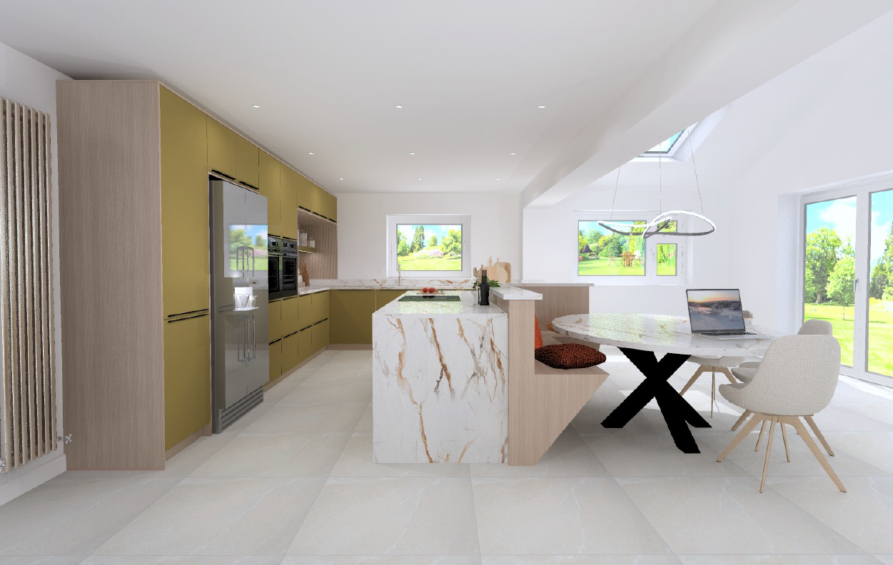 Schüller Siena Olive Yellow kitchen with L-shaped island, integrated oval dining table on black X-frame base, Lineo Grooved timber tall units and Calacatta marble waterfall side.
