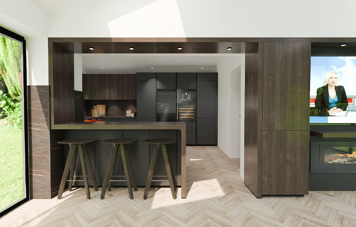 Schüller Matera Lava Black AFP handleless peninsula with Avola Nebraska Oak surround, three dark bar stools, integrated fridge freezer and coffee station.