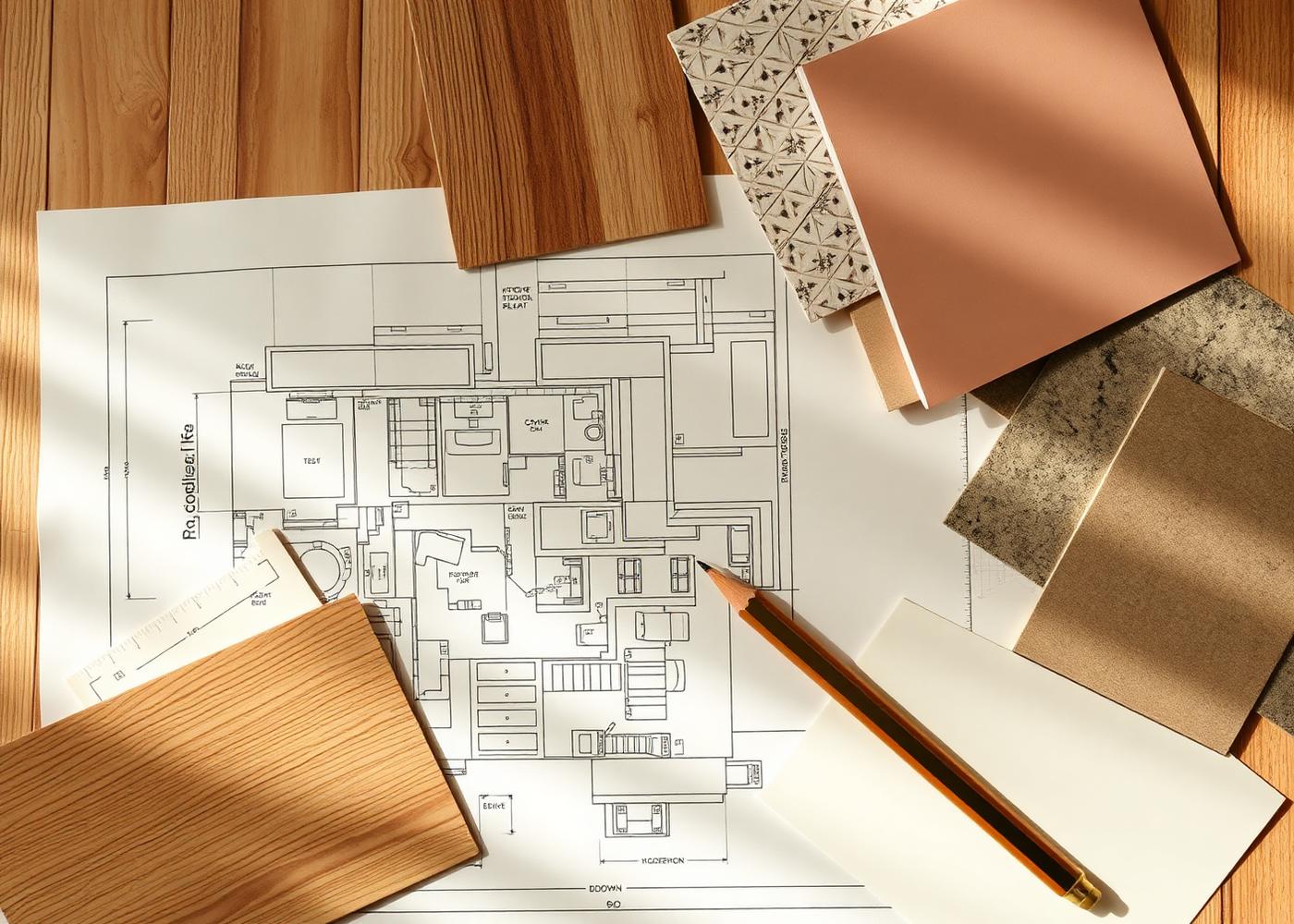 German kitchen CAD design drawings with Nobilia and Schüller cabinet finish samples in warm neutral tones